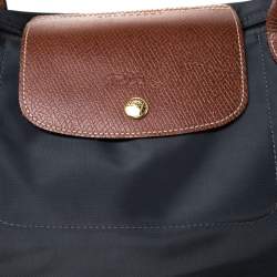 Longchamp Dark Grey Nylon and Leather Medium Le Pliage Tote