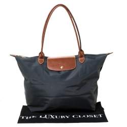Longchamp Dark Grey Nylon and Leather Medium Le Pliage Tote