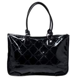 Pre Owned Longchamp Black Printed Patent Leather Tote