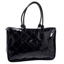 Pre Owned Longchamp Black Printed Patent Leather Tote