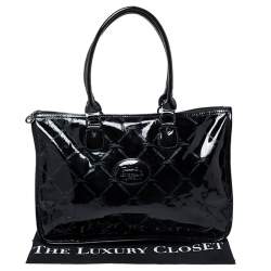 Pre Owned Longchamp Black Printed Patent Leather Tote