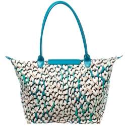 Longchamp Turquoise Phanter Coral Print Canvas and Leather Medium Le Pliage Tote