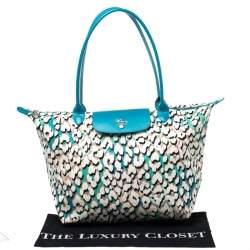 Longchamp Turquoise Phanter Coral Print Canvas and Leather Medium Le Pliage Tote