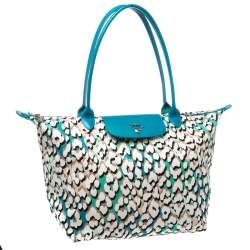 Longchamp Turquoise Phanter Coral Print Canvas and Leather Medium Le Pliage Tote