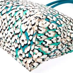 Longchamp Turquoise Phanter Coral Print Canvas and Leather Medium Le Pliage Tote