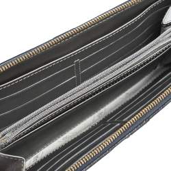 Pre Owned Longchamp Blue/Grey  Striped Leather Le Foulonne City Zip Around  Wallet