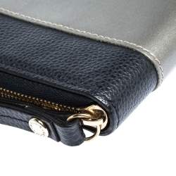 Pre Owned Longchamp Blue/Grey  Striped Leather Le Foulonne City Zip Around  Wallet