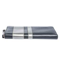 Pre Owned Longchamp Blue/Grey  Striped Leather Le Foulonne City Zip Around  Wallet