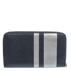 Pre Owned Longchamp Blue/Grey  Striped Leather Le Foulonne City Zip Around  Wallet