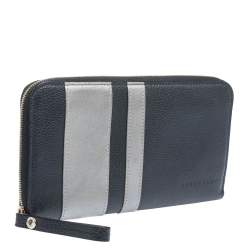 Pre Owned Longchamp Blue/Grey  Striped Leather Le Foulonne City Zip Around  Wallet