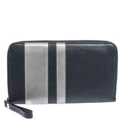 Pre Owned Longchamp Blue/Grey  Striped Leather Le Foulonne City Zip Around  Wallet