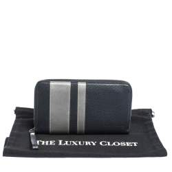 Pre Owned Longchamp Blue/Grey  Striped Leather Le Foulonne City Zip Around  Wallet