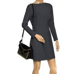 Longchamp Black/Khaki Leather and Suede Le Pliage Heritage Top Handle Bag