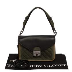 Longchamp Black/Khaki Leather and Suede Le Pliage Heritage Top Handle Bag