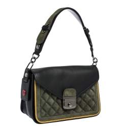 Longchamp Black/Khaki Leather and Suede Le Pliage Heritage Top Handle Bag