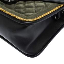 Longchamp Black/Khaki Leather and Suede Le Pliage Heritage Top Handle Bag