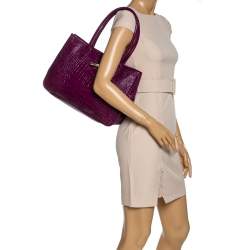Pre Owned Longchamp Purple Crocodile Embossed Leather Roseau Tote