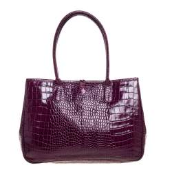 Pre Owned Longchamp Purple Crocodile Embossed Leather Roseau Tote
