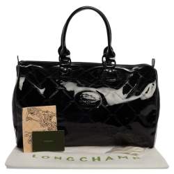 Longchamp Black Signature Print Patent Leather Satchel