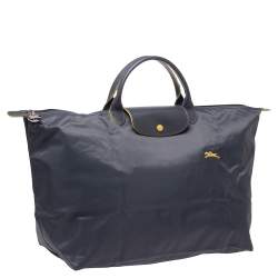 Longchamo Grey Nylon and Leather Le Pliage Weekender Tote