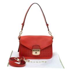 Pre Owned Longchamp Orange Perforated Leather Mademoiselle Top Handle Bag