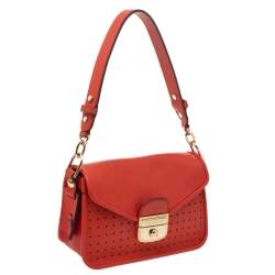Pre Owned Longchamp Orange Perforated Leather Mademoiselle Top Handle Bag