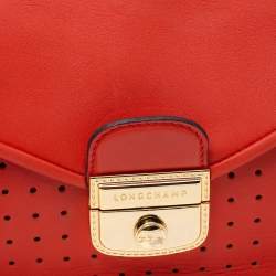 Pre Owned Longchamp Orange Perforated Leather Mademoiselle Top Handle Bag