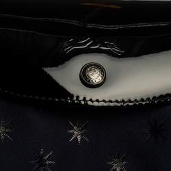 Pre Owned Longchamp Navy Blue/Black Star Print Nylon and Patent Leather Medium Le Pliage Tote