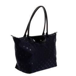 Pre Owned Longchamp Navy Blue/Black Star Print Nylon and Patent Leather Medium Le Pliage Tote