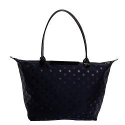 Pre Owned Longchamp Navy Blue/Black Star Print Nylon and Patent Leather Medium Le Pliage Tote