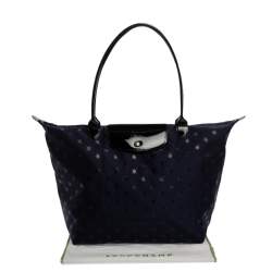 Pre Owned Longchamp Navy Blue/Black Star Print Nylon and Patent Leather Medium Le Pliage Tote