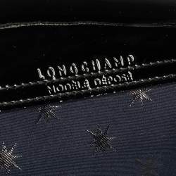 Pre Owned Longchamp Navy Blue/Black Star Print Nylon and Patent Leather Medium Le Pliage Tote