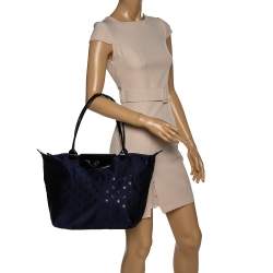 Pre Owned Longchamp Navy Blue/Black Star Print Nylon and Patent Leather Medium Le Pliage Tote
