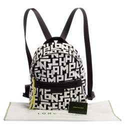 Pre Owned Longchamp Black/White Nylon and Leather Le Pliage Backpack