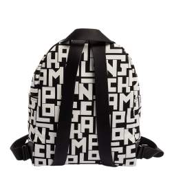 Pre Owned Longchamp Black/White Nylon and Leather Le Pliage Backpack