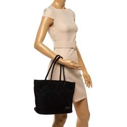 Pre Owned Longchamp Black Logo Embossed Canvas Tote