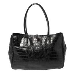 Longchamp Black Glaze Croc Embossed Leather Roseau Tote