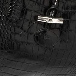 Longchamp Black Glaze Croc Embossed Leather Roseau Tote