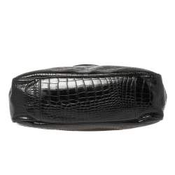 Longchamp Black Glaze Croc Embossed Leather Roseau Tote