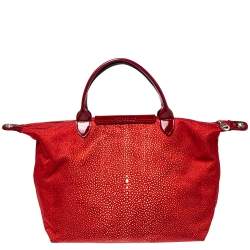 Pre Owned Longchamp Red Stingray Print Nylon and Patent Leather Le Pliage Neo Tote