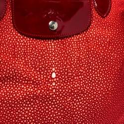 Pre Owned Longchamp Red Stingray Print Nylon and Patent Leather Le Pliage Neo Tote