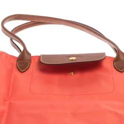Pre Owned Longchamp Coral Peach Nylon Le Pliage Tote