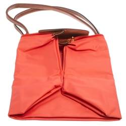 Pre Owned Longchamp Coral Peach Nylon Le Pliage Tote