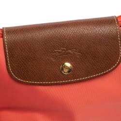 Pre Owned Longchamp Coral Peach Nylon Le Pliage Tote
