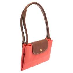 Pre Owned Longchamp Coral Peach Nylon Le Pliage Tote