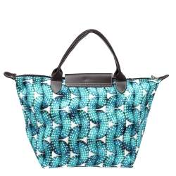 Pre Owned Longchamp Blue/Brown Fabric and Leather Surf and The City Le Pliage Tote