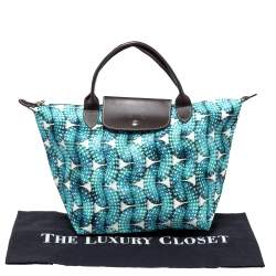 Pre Owned Longchamp Blue/Brown Fabric and Leather Surf and The City Le Pliage Tote