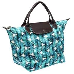 Pre Owned Longchamp Blue/Brown Fabric and Leather Surf and The City Le Pliage Tote