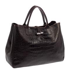 Pre Owned Longchamp Brown Glaze Croc Embossed Leather Roseau Tote