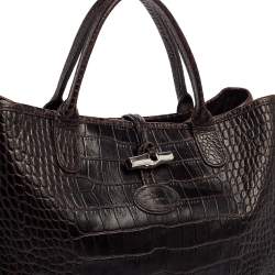 Pre Owned Longchamp Brown Glaze Croc Embossed Leather Roseau Tote